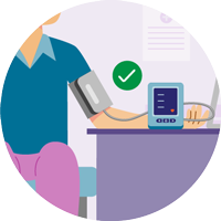 Илюстрация на пациент с апарат за измерване на кръвно налягане, показващ правилно поставен маншет.